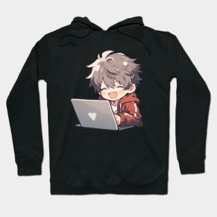 Cute Anime boy using laptop Hoodie